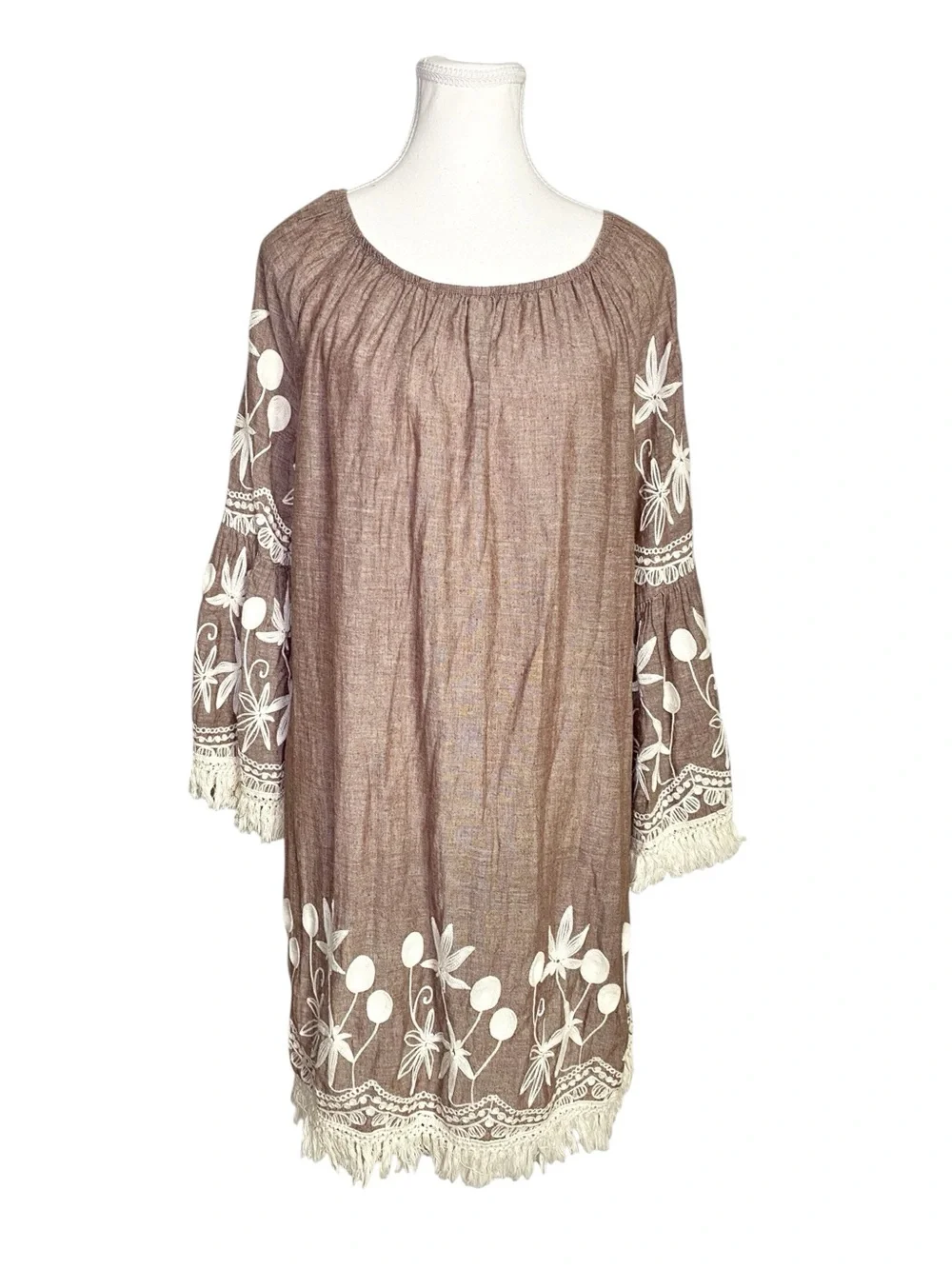 Indigo Soul Boho Embroidered Fringe Peasant Dress Brown Size XL